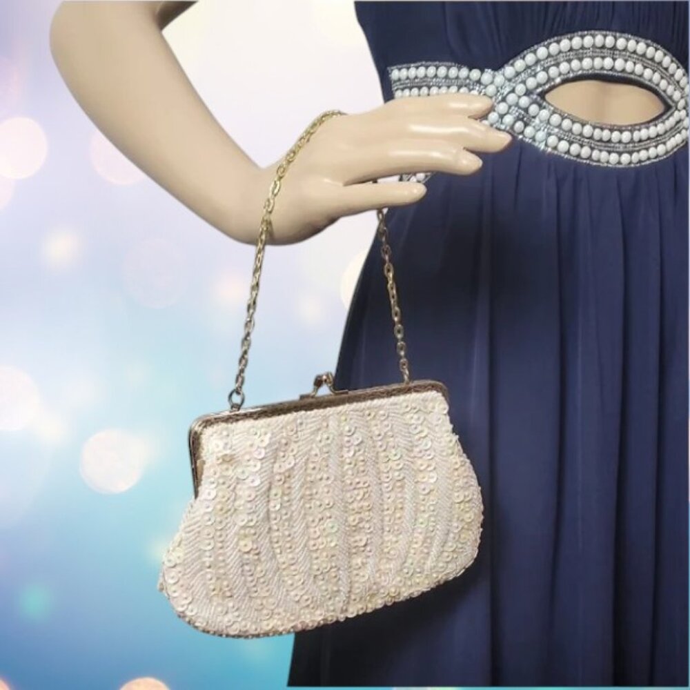 Elegant Cream Sequined Clutch with Metal Frame Closure & Chain Handle
